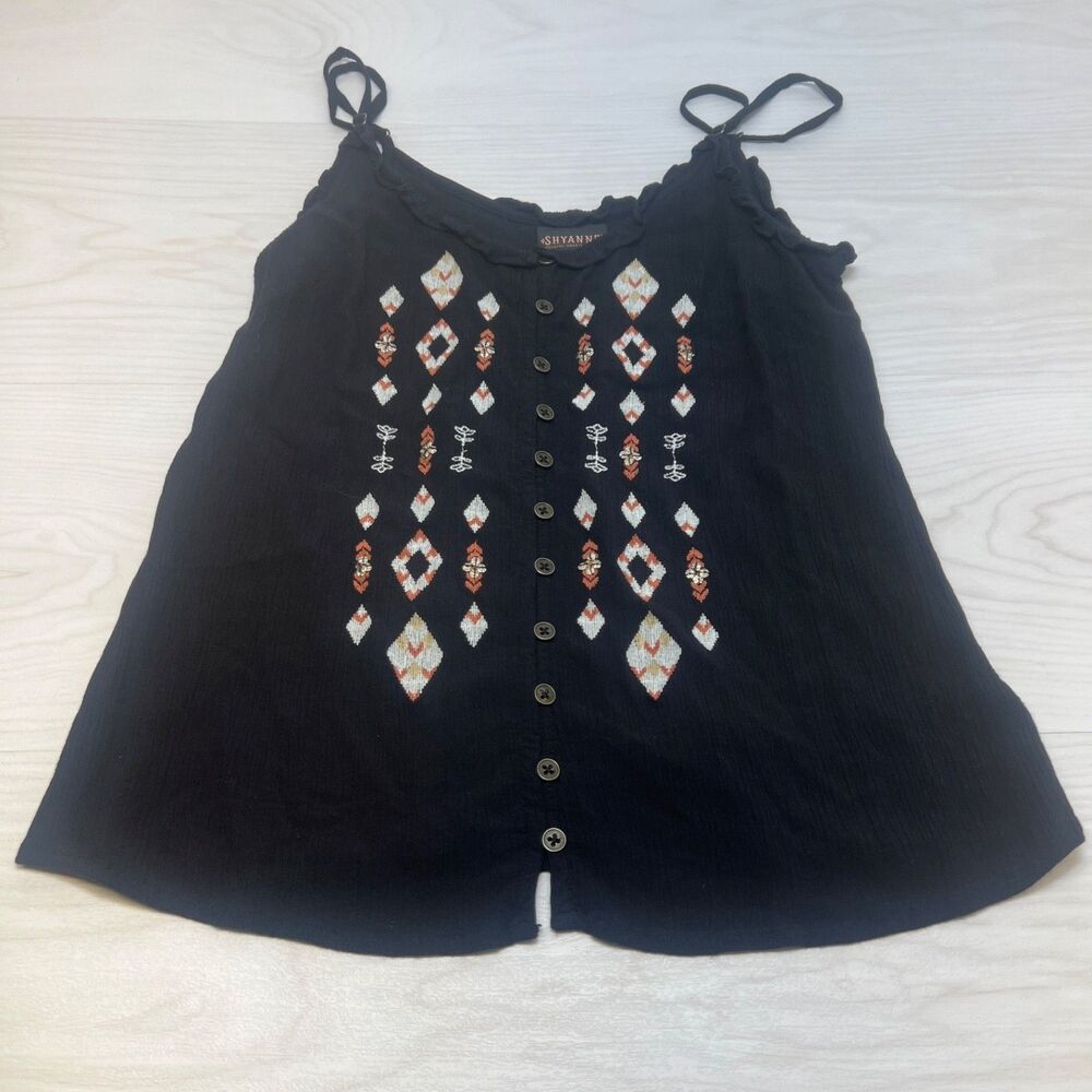 Shyanne‎ Womens Country Boho Babydoll Top Size XS Button Front Black